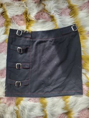 Shrine Y2k Vintage Black Mini Skirt with Buckle Red Stich  Skirt Goth Alt